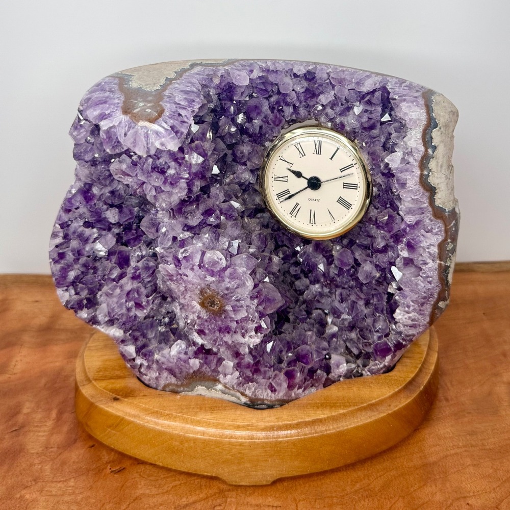 Natural‎ Amethyst Geode Desk Clock Purple Crystal Cluster on Wood Base Quartz